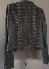 Alice + Olivia Grey Leather And Rhinestones Beads Jacket Womans Size S