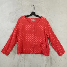 Flax Blouse Women M Red Polka Dot 100% Linen Lagenlook Boxy Boho Relaxed Pocket