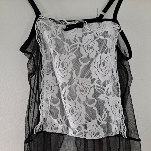 Lingerie Teddy Maid Costume Outfit Women's Sheer Mesh Lace Black White OS - Picture 2 of 5