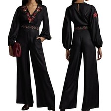 Farm Rio for Anthropologie Black Embroidered Romper Size S Boho Floral