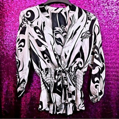 Black White Blouse XL Moa Moa Womens Smocked Waist Scroll Floral Print Satin Top
