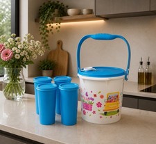 Pretend Play Plastic Tea/Dish Set Blue Bucket w/ Lid Handle 20 cups