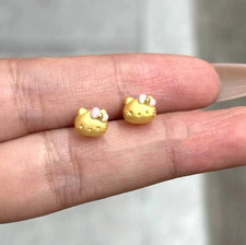 Tiny Gold Animal Pink Bow Hello Kitty Cat Kitten Stud Earrings