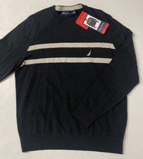NAUTICA Men  s Striped Crew Neck Knit Sweater COTTON Black MEDIUM Lightweight