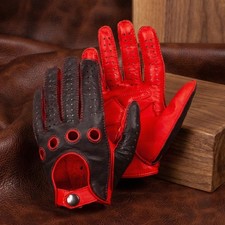 Men s Black Lambskin Driving Gloves Red Padded Palm