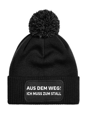 Unisex Bommel Strick Beanie Mütze mit ''Aus dem Weg! Ich muss zum Stall'' Print