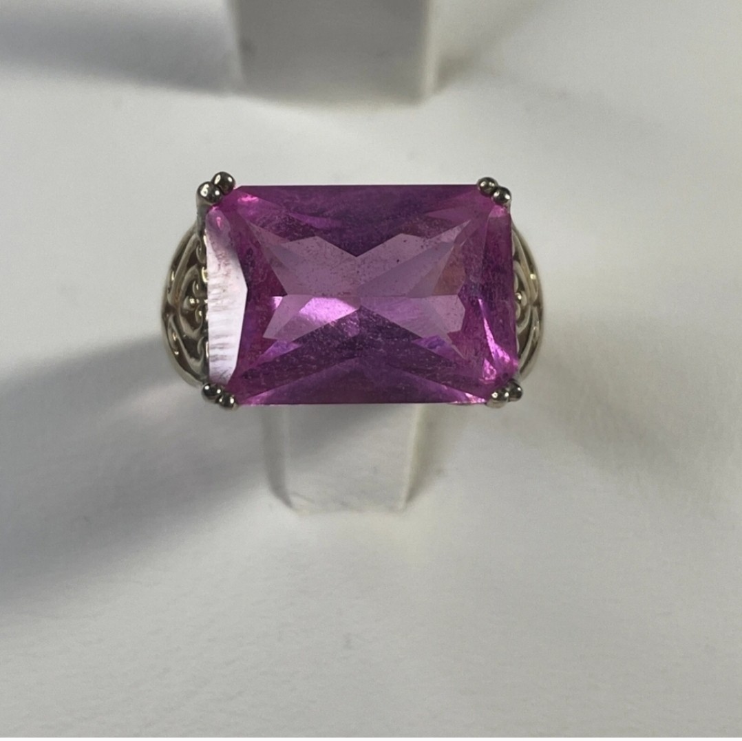 Gold over 925 Ring, Pink rectangular stone, Size 5 - image 6