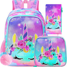 3PCS Unicorn Backpack for Girls, 16" Kids Bookbag with Lunch Box, Water Resistan