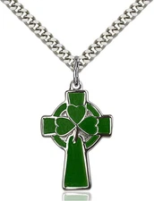 Sterling Silver Celtic Irish Cross Green Medal Pendant Necklace 24"Chain GiftBox