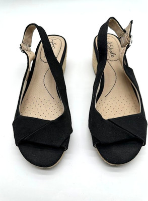 LifeStride Socialite Womens Black Espadrille Wedge Sandals Slingback Peep Toe 7M