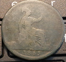 1865 Victoria One Penny Bun/Young Head Bronze Coin See Photo Ref 392