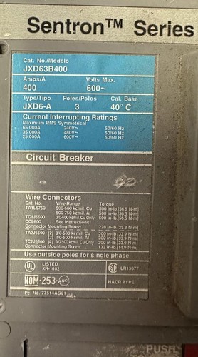 Siemens JXD63B400 Sentron Molded Case Circuit Breaker 3‑Pole 400 A 600 VAC - Picture 2 of 4