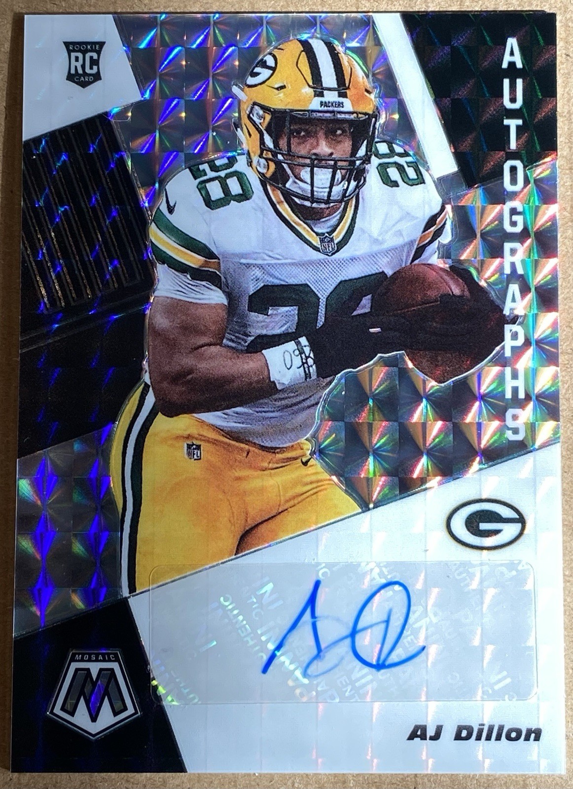 AJ Dillon Rookie Auto 2020 Panini Mosaic Silver Prizm #RA26 RC Packers Eagles