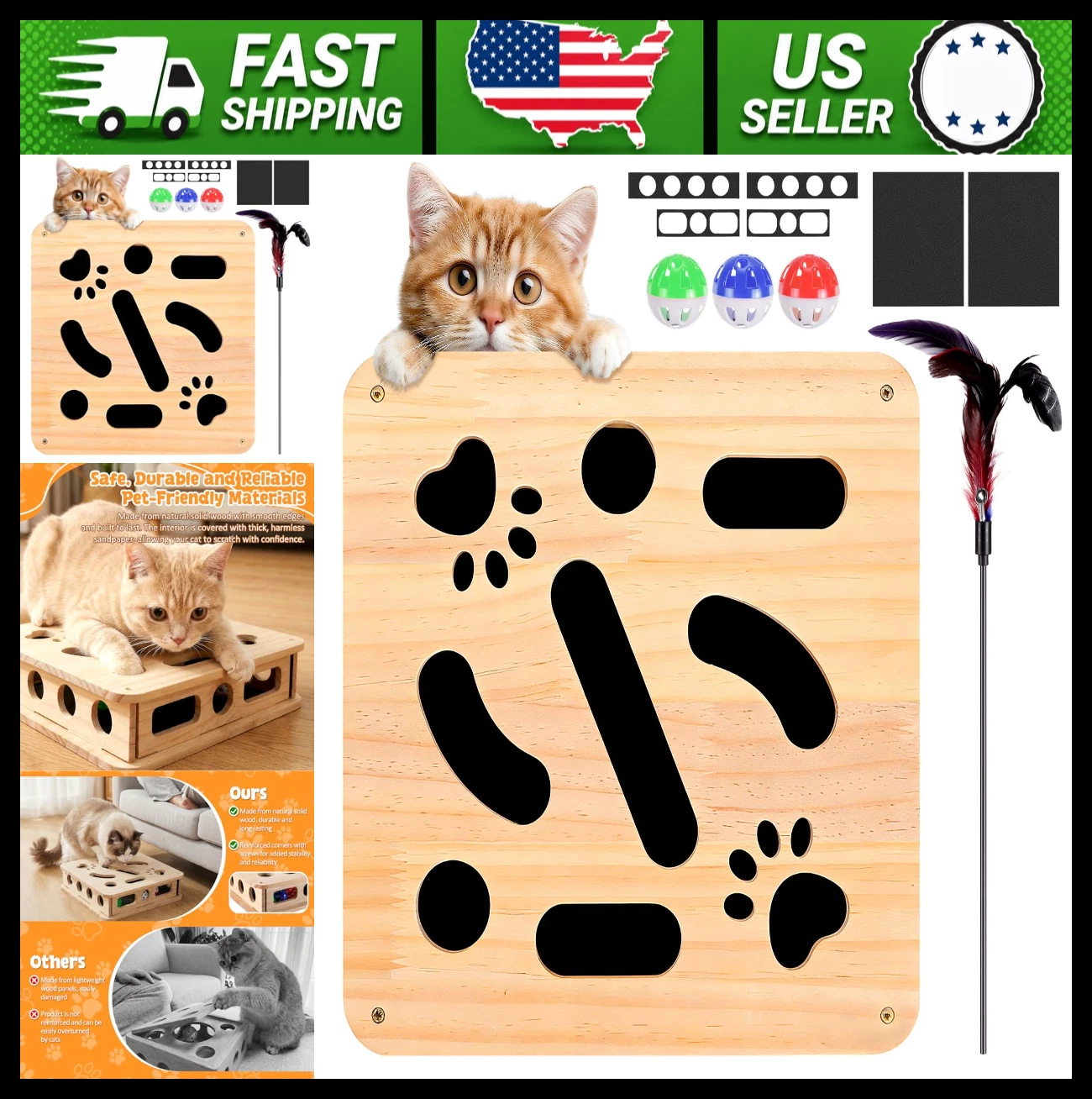 Cat Scratch Puzzle Box Cat Nail File Toy with Sandpaper and Bell Balls