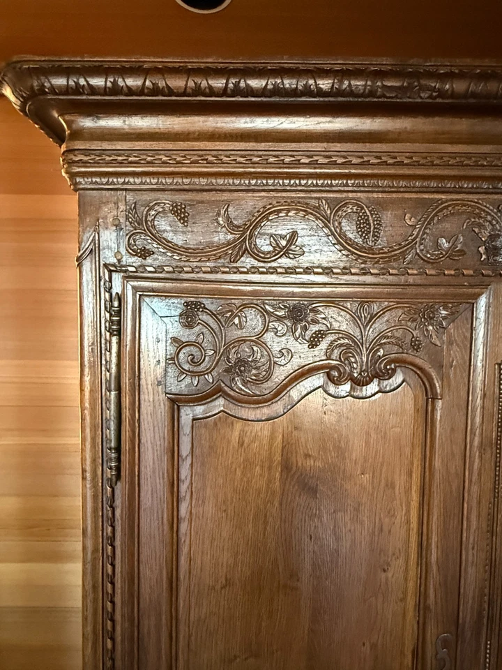 Armario provincial francés Luis XV del siglo XVIII tallado a mano aves y follaje 89" Foto 4 de 4