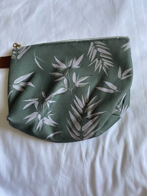 Green Canvas Leaf Print Large Makeup Cosmetics Bag Denim Lining Tropical Botanic