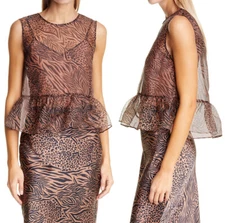 CAMI NYC The Amira Jungle Print Organza SILK Sleeveless Peplum TOP L NEW $176