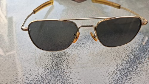 American Optical AO Sunglasses 5 1/2 Gold USA Pilot Aviator Vintage Glass Lenses - Picture 6 of 11