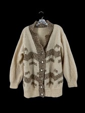 Vtg Hand Knit Chunky Oversized Neutral Cream  Tan Button Front Cardigan Sweater