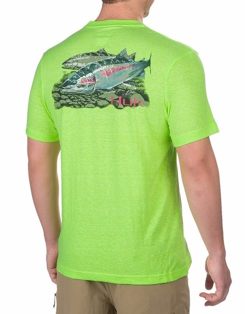 HUK Mens Neon Green Performance Fishing Boating Shirt New With Tags L