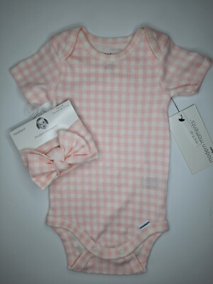 Gerber Baby girl Onesie one-piece organic sz 3-6M Pink Check matching headband