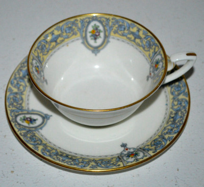 ROYAL WORCESTER TEA CUP SAUCER BLUE YELLOW Gold Trim PORTIA CHINA ENGLAND