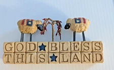 Blossom Bucket Suzi Skoglund  "God Bless This Land"  Sheep Sign Figurine Flag