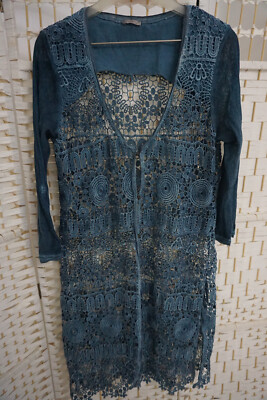 Damen Tredy  Bluse long Jacke Gr. 40 ,Spitze ,Blau Töne ,Baumwolle Polyester