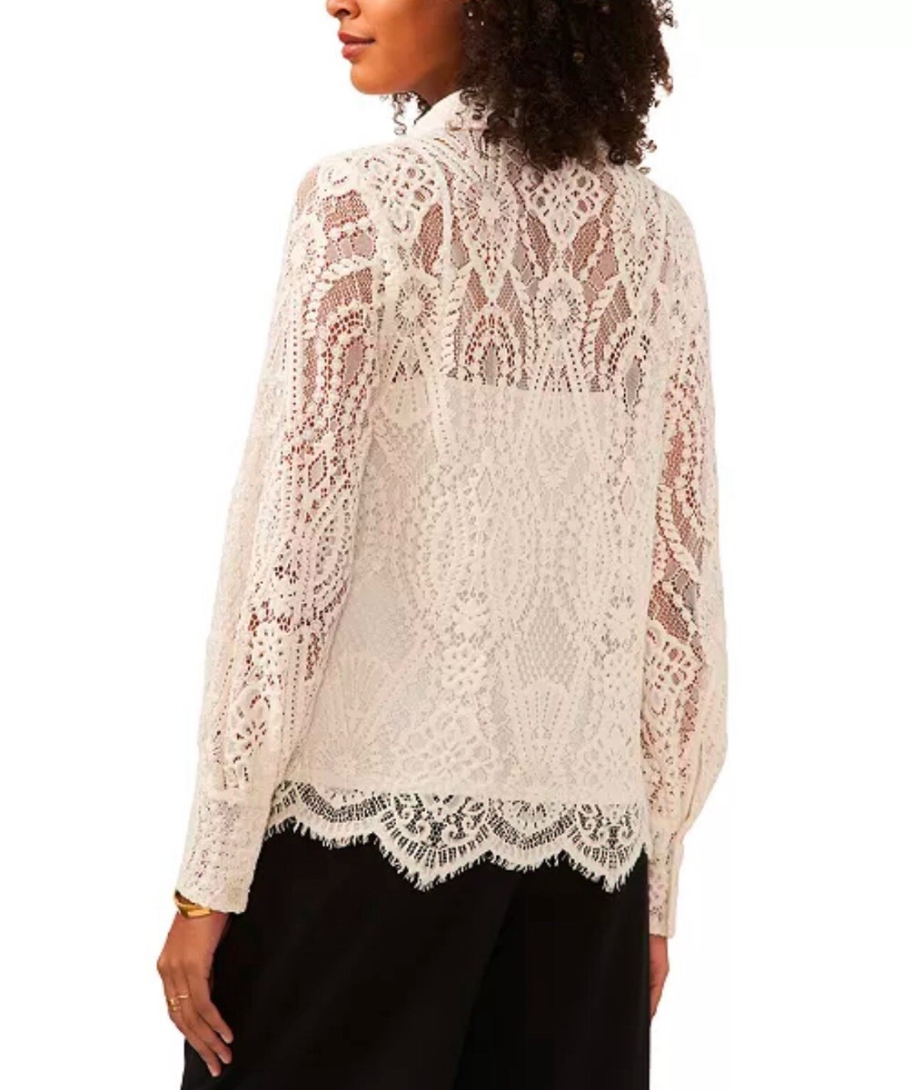 売れ筋商品|||ヴィンスカムート カットソー トップス レディース Women's Lace-Sleeve Top New Ivory Vince Camuto Women's Lace Button-Down Shirt - New Ivory Size