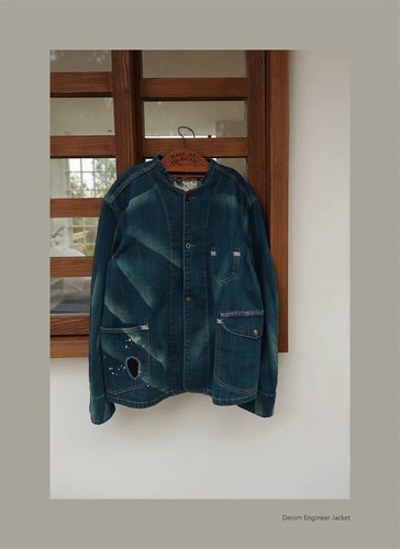 Japanese Amekaji Workwear Collarless Selvedge Denim Farm Ranch Chore Jacket - Picture 10 of 16