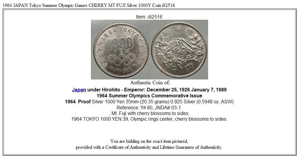 1964 JAPAN Tokyo Summer Olympic Games CHERRY MT FUJI Silver 1000Y