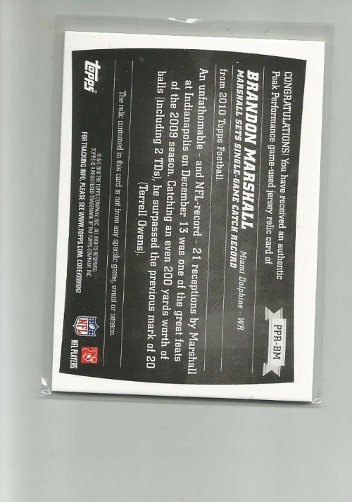 2010 TOPPS PEAK PERFORMANCE RELICS #PPRBM BRANDON MARSHALL - Image 2 of 2