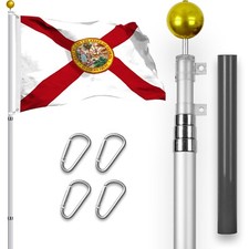 Combo: 16 Ft Telescoping Flagpole Silver & Florida FL Flag 3x5 Ft Emb Spun Poly