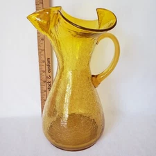 Tall Yellow  Crackle Glass Pitcher Hand Blown Applied Handle Ruffled Rim 10.5"H
