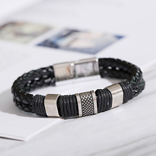 2 Pcs Men's Stainless Steel Clasp Cuff Leather Braided Bangle Jewelry Wrist Band - Picture 10 of 77