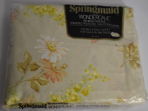 NEU Vintage 1980er Springmaid Wondercale komplettes Doppelbett Spannbetttuch gelb Blumenmuster
