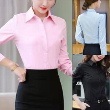Button Up Solid Work Tops Women's Long Sleeve Blouse for Office Lady Business
