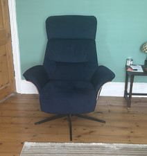 Koppla Blue Velvet Touch Recliner Chair, Swivel Metal Base, Black Chrome