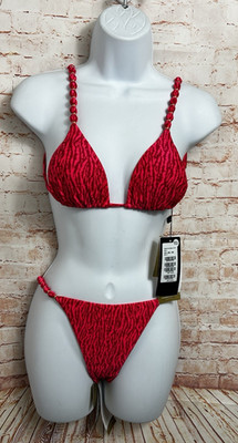 VIX Paula Hermanny Beads Bikini Tri Parallel Top Sz S Cheeky Bottom Sz M Red New