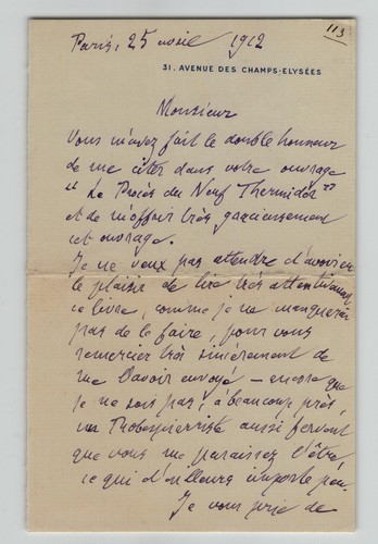George DURUY lettre autographe 1912 – Les Procès du Neuf Thermidor