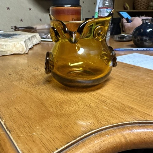 Blenko? Amber Owl Vase MCM Art Glass Hand Blown