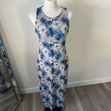 Bebe Floral Mesh Maxi Dress Blue Tan Sleeveless Stretch Midi Length Sz M
