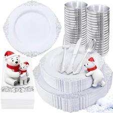 350PCS Silver Plastic Dinnerware - White and Silver Disposable Plates for 50 ...