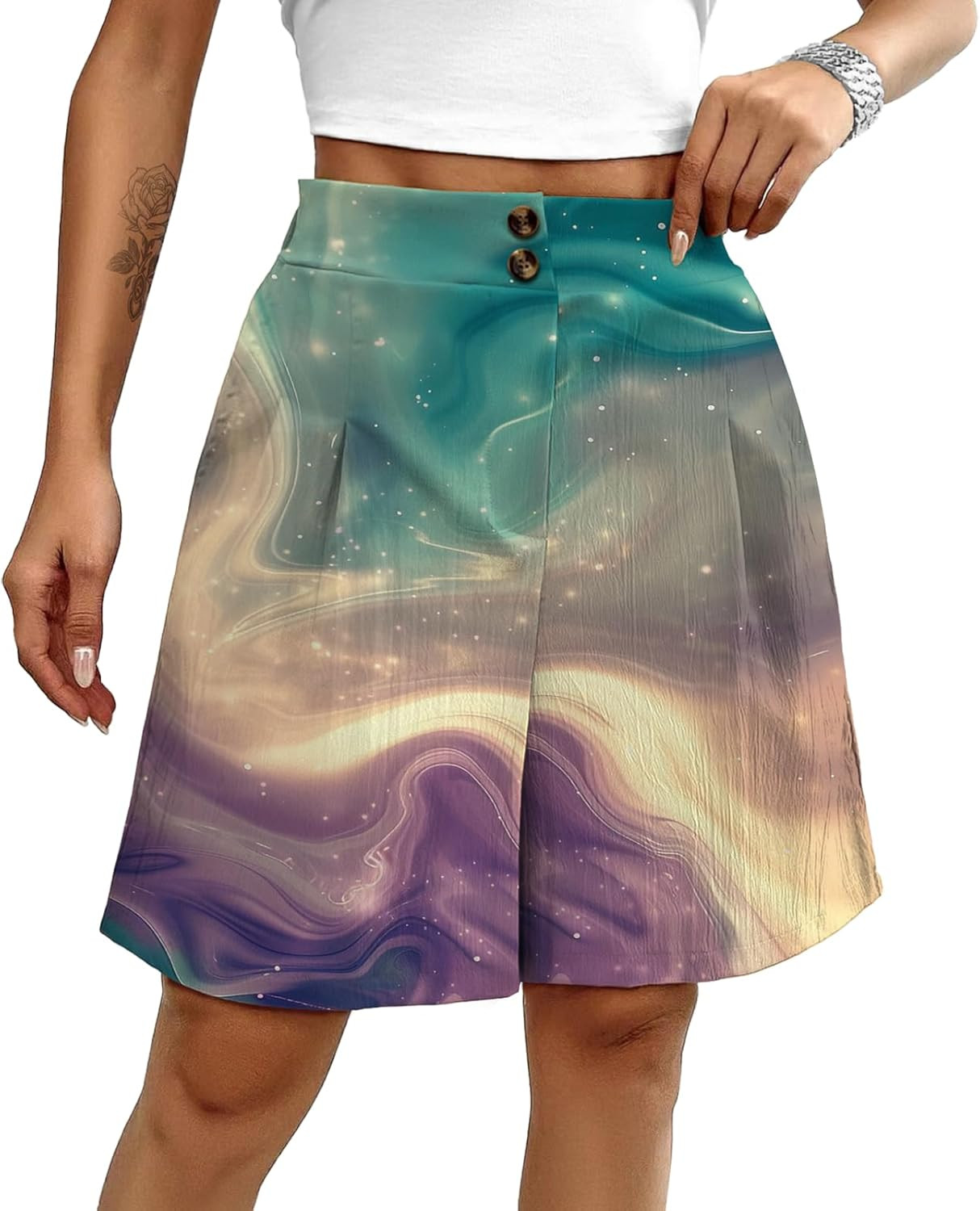 Fashion Casual Shorts for Women Button Pleated Comfy High Waisted Shorts Summer 