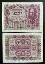 Austria 20 Kronen 1922 World Paper Money Circulated - 100 Yrs Old