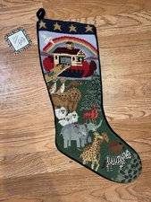 Vtg Noahs Ark Needlepoint Christmas Stocking Velvet Back Rainbow 19” religious