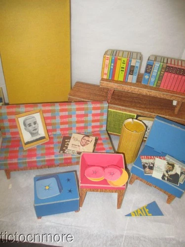 VINTAGE BARBIE DOLL DREAMHOUSE CARDBOARD FURNITURE COUCH BED CHAIRS TV PILLOWS