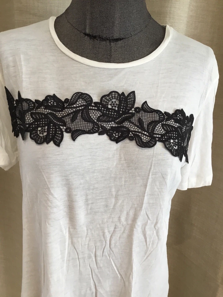 Très Beau Tee Shirt Blanc Dentelle Noir The Kooples s - Photo 2/4