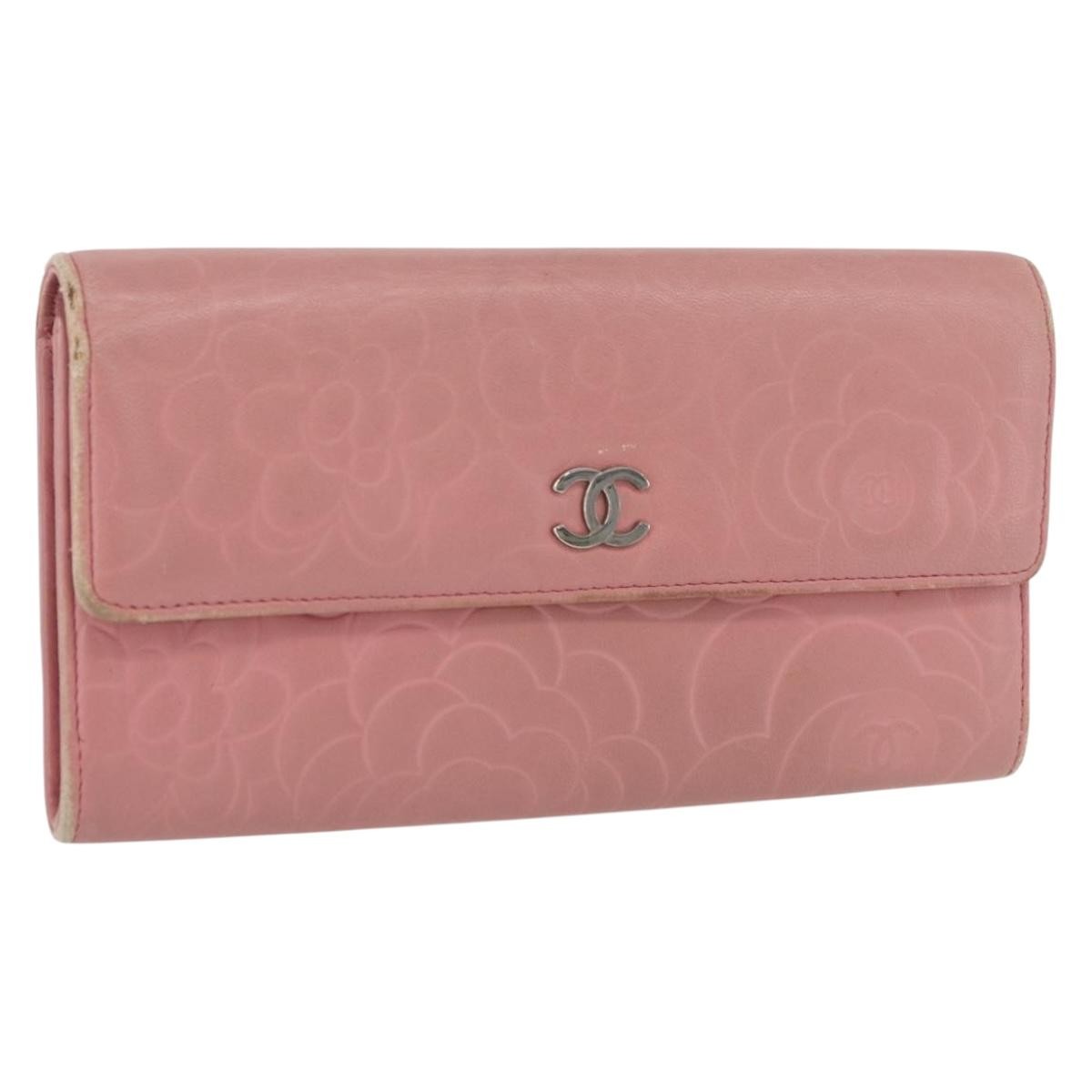 CHANEL Camelia Long Wallet Lamb Skin Pink CC Auth YKZ410 | eBay