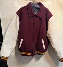 VARSITY JACKET Maroon Wool Body White Leather sleeves Rennoc Size Large NEW